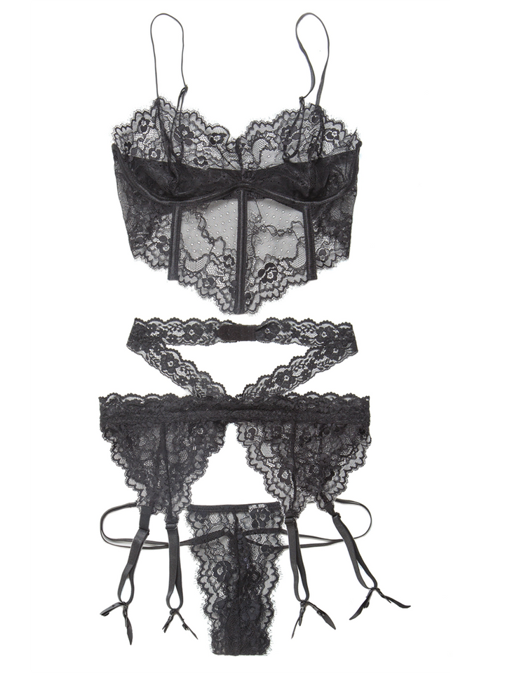 Lace Longline Bralette, Garter Belt and G-String Set