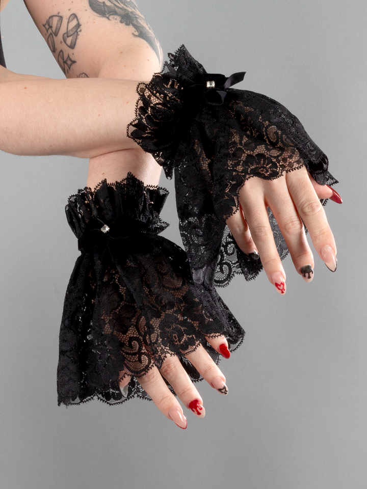 Long Lace Wrist Cuffs with Velvet Bow