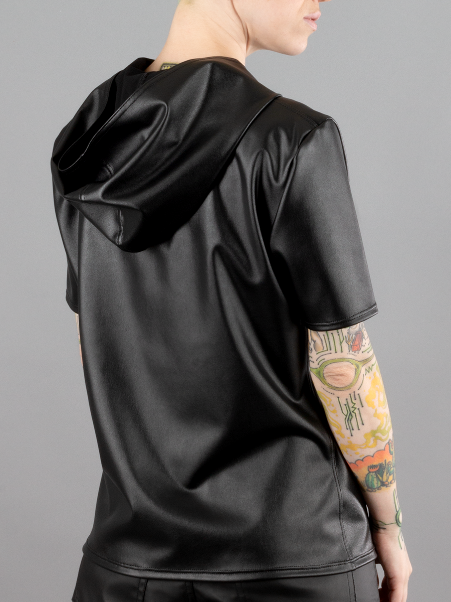 Short Sleeve Vegan Leather Hooded Top