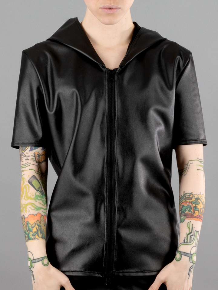 Short Sleeve Vegan Leather Hooded Top