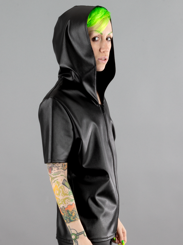 Short Sleeve Vegan Leather Hooded Top