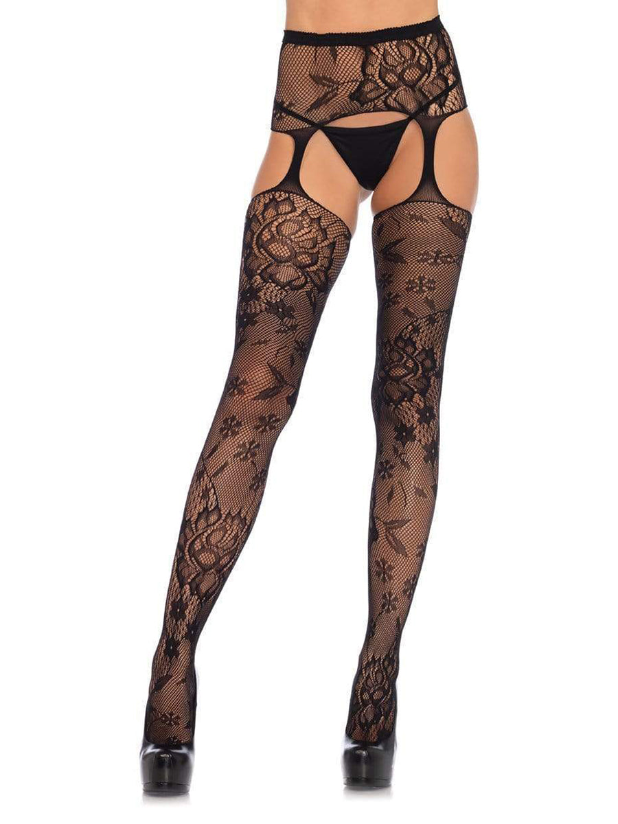 Lotus Fishnet Stockings with Attached Garter Belt