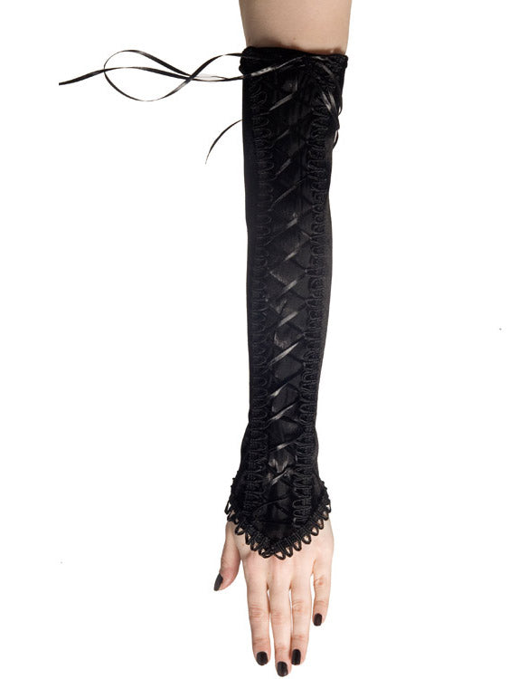 Black Velvet and Taffeta Lace Up Arm Warmers